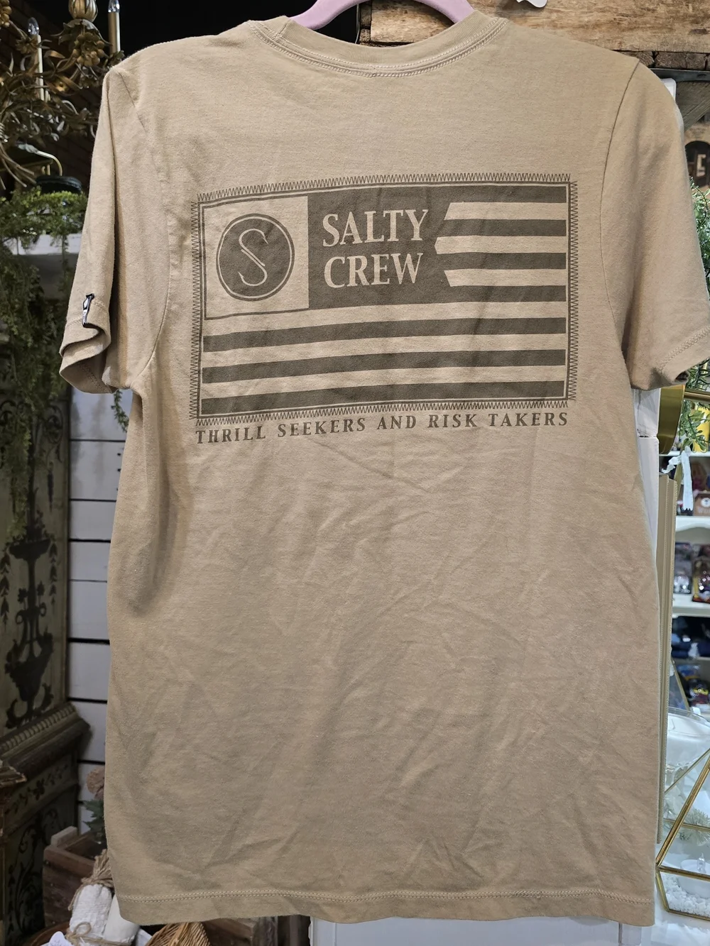 Salty Crew Tan Short Sleeve Tee with Flag Chest Logo